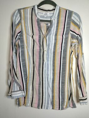 Chic Connection (Size M) Multicolor Stripe V-Neck Button Roll Tab LS Popover Top